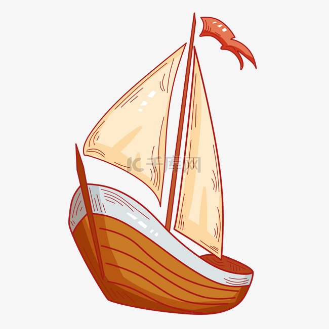 手绘棕色帆船插画