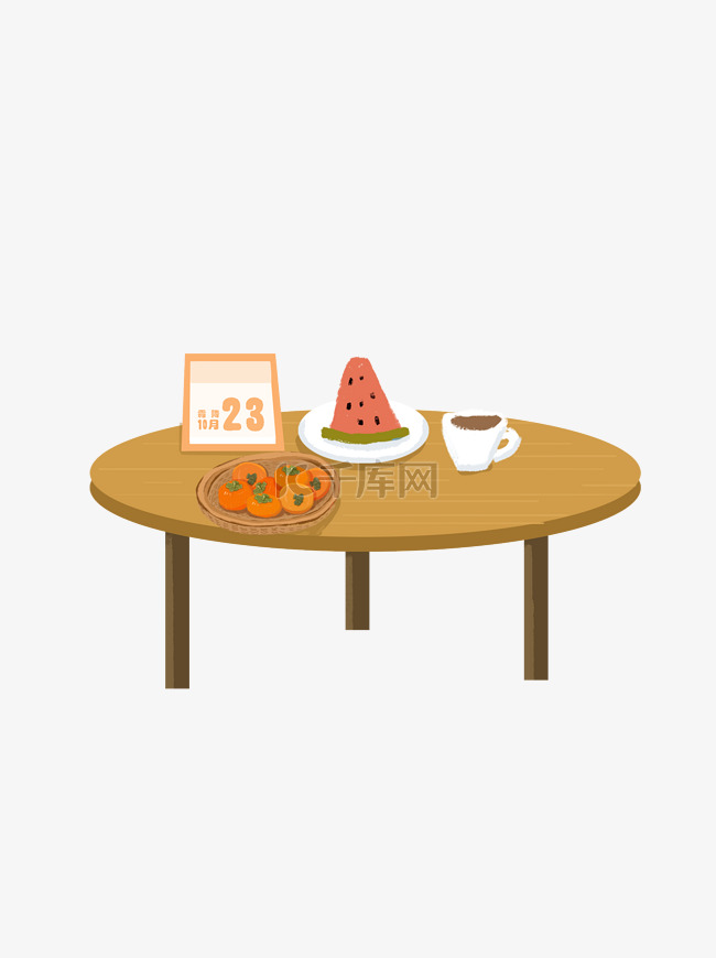手绘桌子上的日历水果和热茶可商