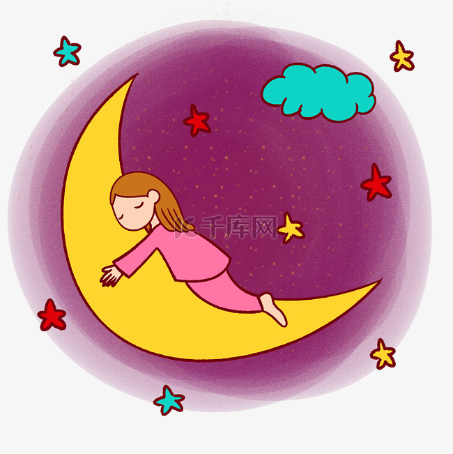 手绘卡通可爱梦幻童话月亮和小女