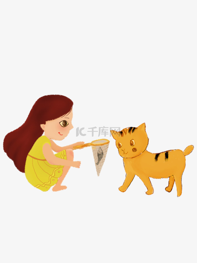 猫咪和小女孩小清新插画psd素材