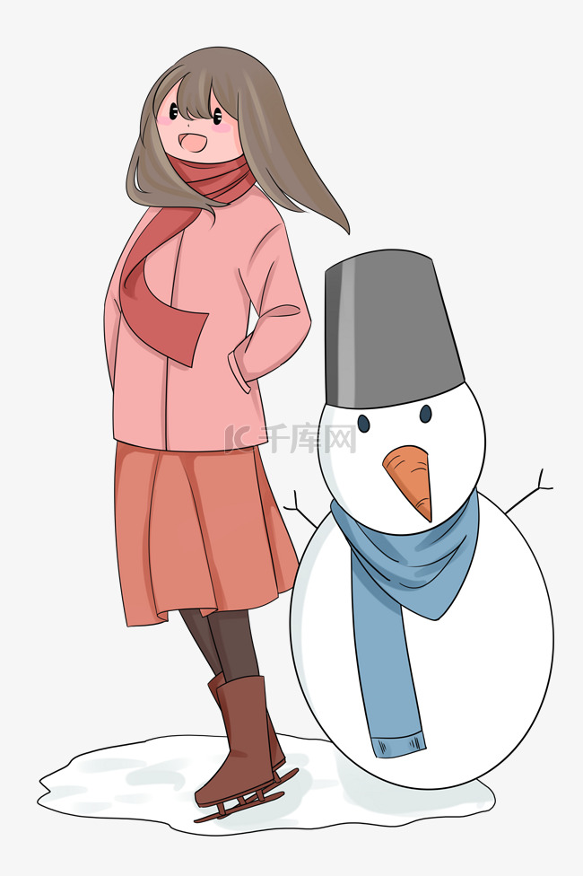 红色衣服小女孩和雪人手绘插画