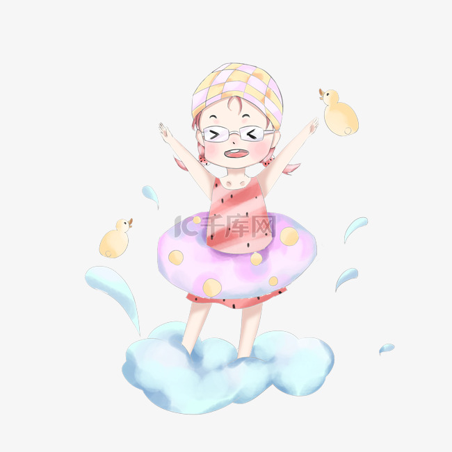 夏季大暑可爱小女孩玩水插画