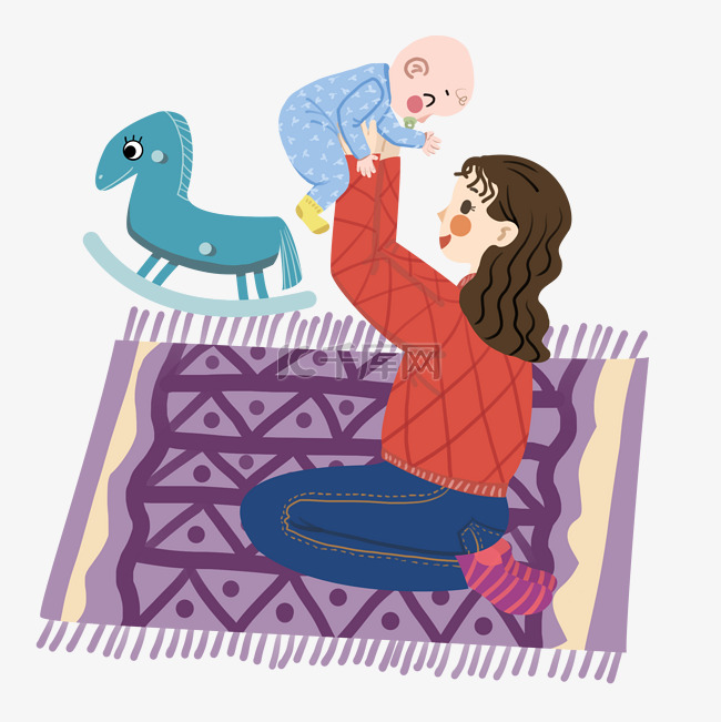 母婴人物和木马玩具插画