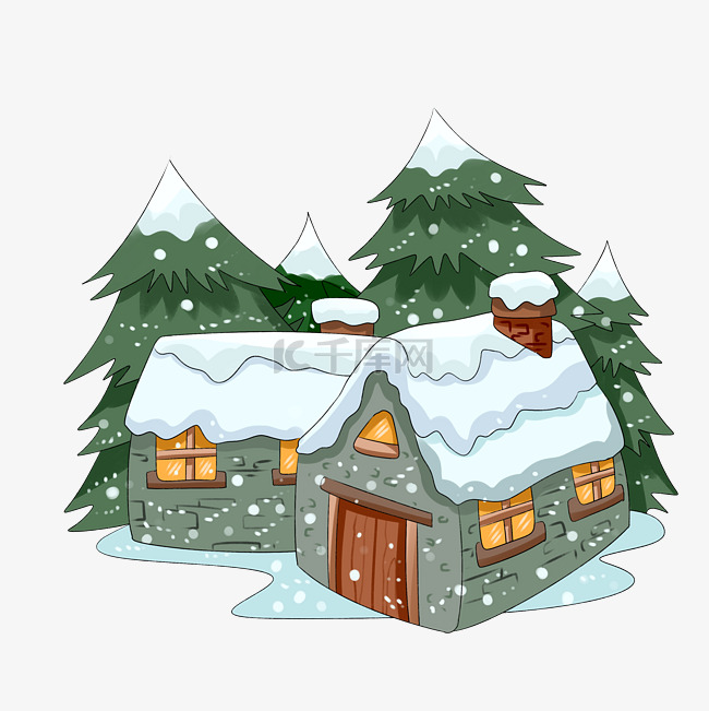 冬季相关雪地场景雪屋手绘插画