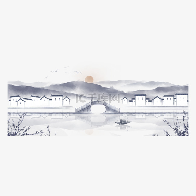 中国风手绘水墨风景山水徽派建筑