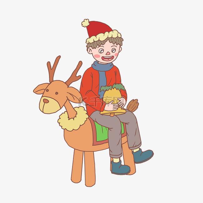 圣诞节手绘男孩和玩具鹿