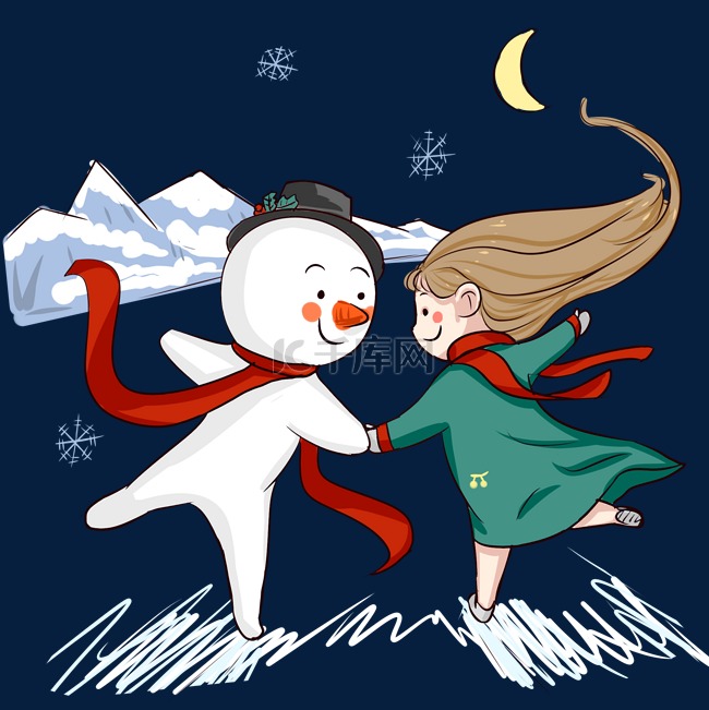 手绘圣诞雪人和女孩