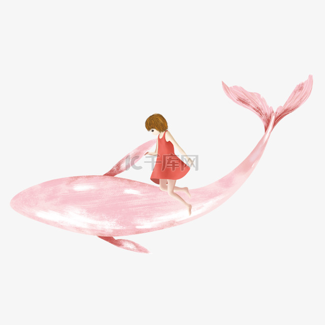 骑着鲸鱼的红色裙子小女孩