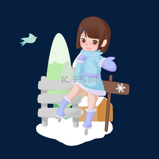 手绘冬日滑冰女孩人物插画