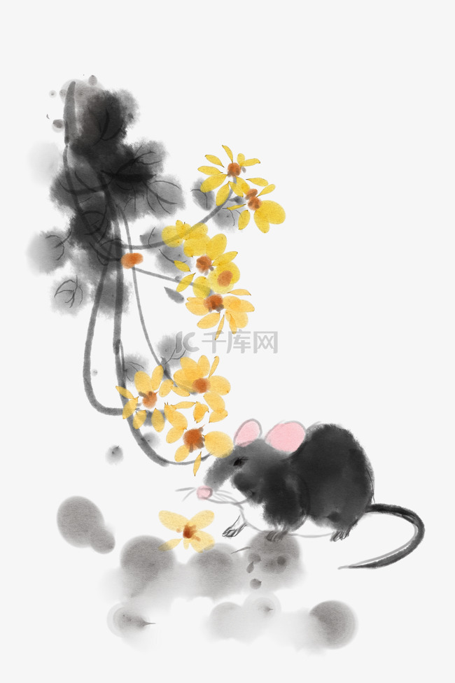 手绘觅食野花的老鼠插画