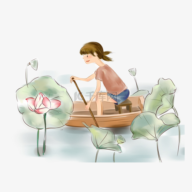 夏季在荷塘划船的女孩插画