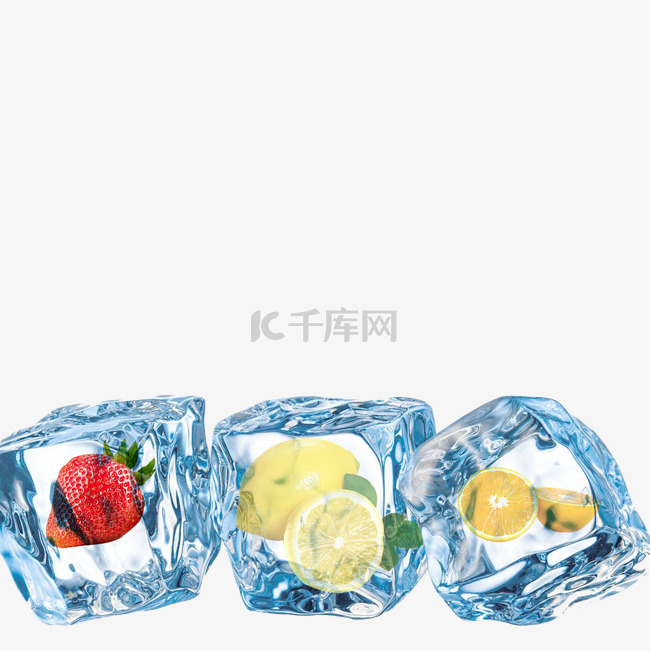 蓝色冰块水果透明质感夏天