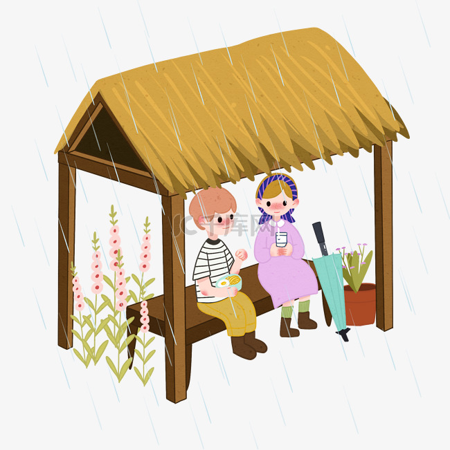 谷雨躲雨的小孩插画