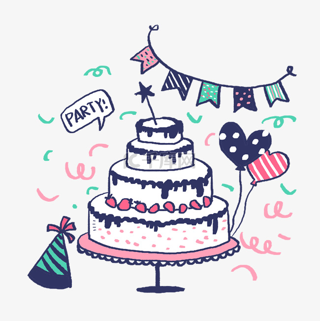 手绘粉色系生日蛋糕和气球PNG