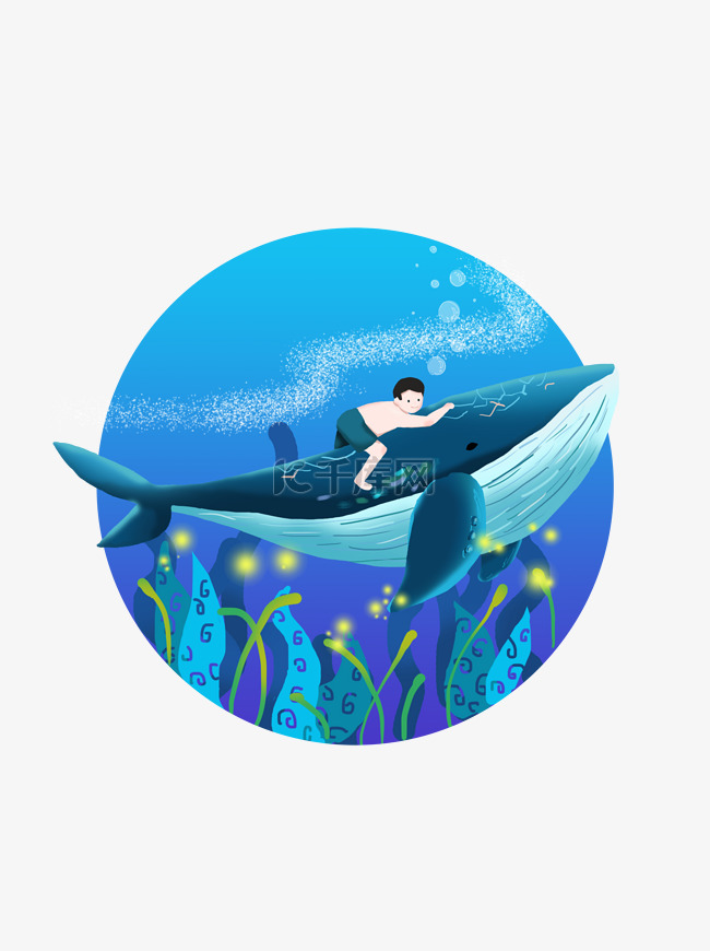 唯美梦幻生物鲸与男孩骑鲸鱼背上
