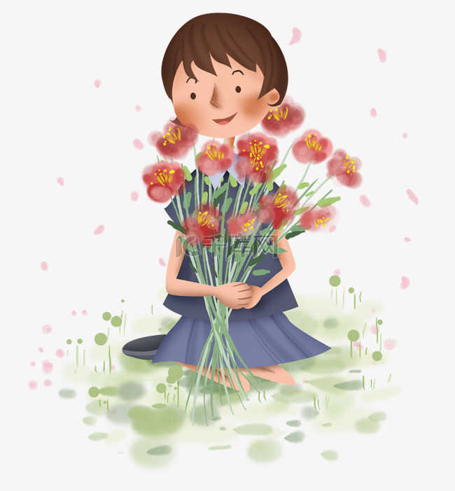 春天草地上手捧鲜花的少女
