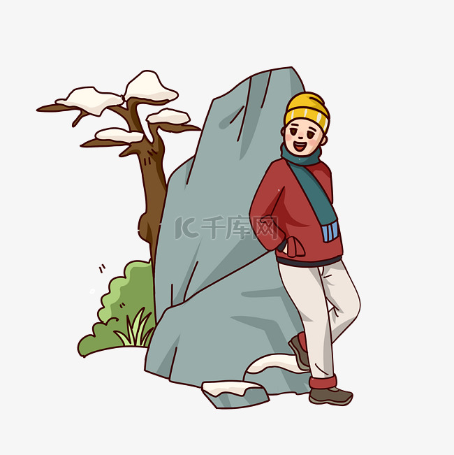 卡通手绘冬季男孩高山旅游插画