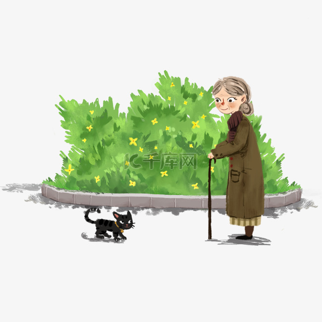 可爱小清新老人公园散步遇见小猫