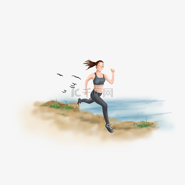 体育锻炼海边跑步的女孩