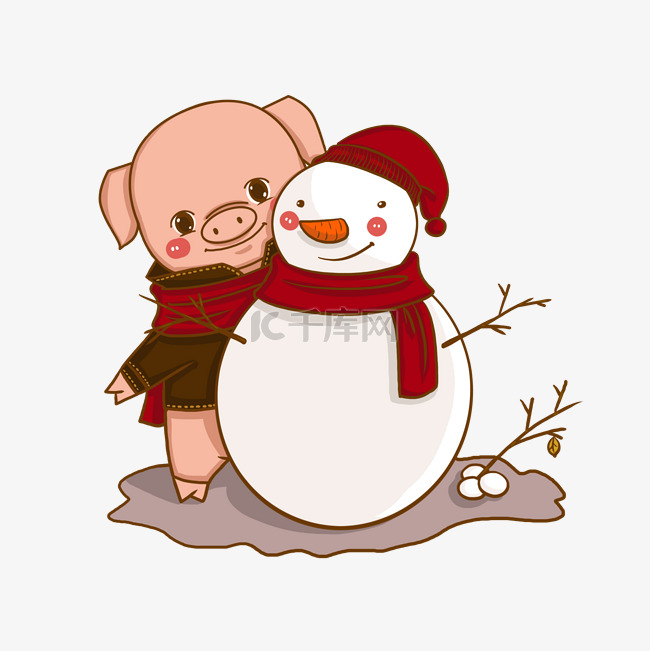 卡通手绘新年福猪和雪人