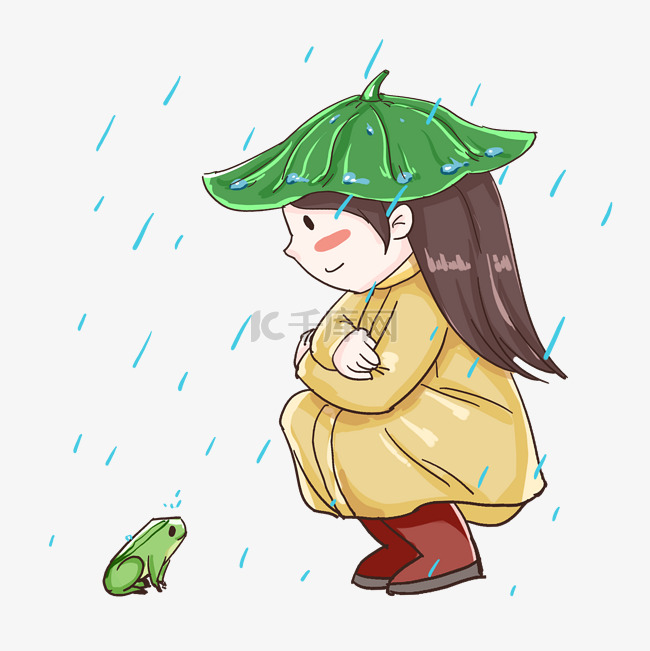 雨水节气雨中小女孩看青蛙