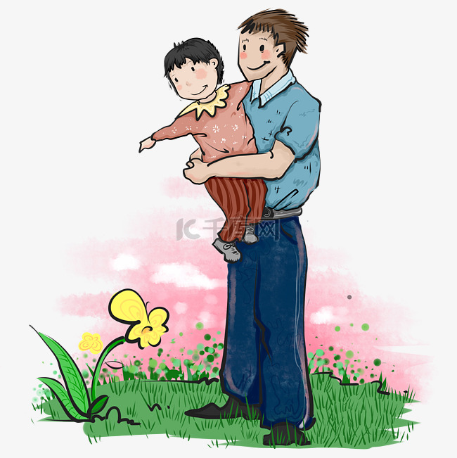 父亲节父亲抱着女儿赏花免抠元素