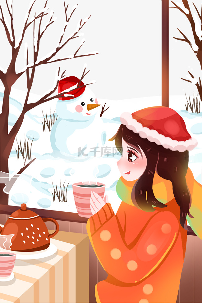 大雪冬天养生喝茶女孩