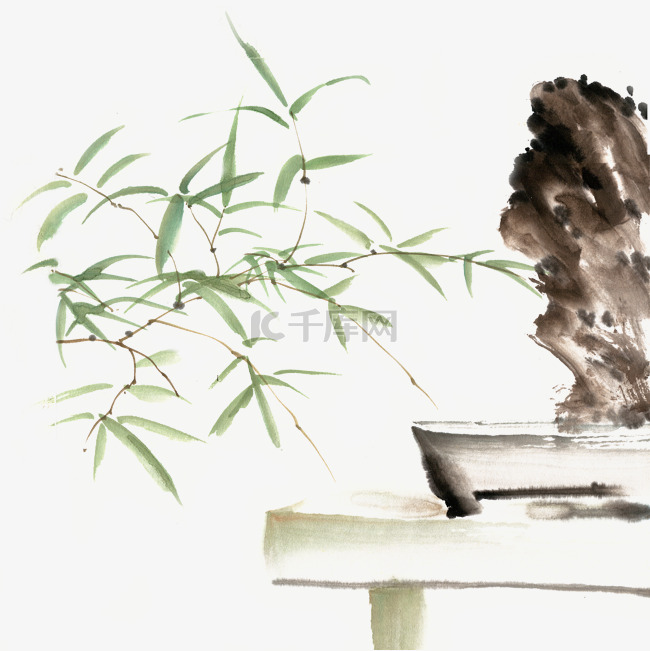 水墨画竹子与盆景