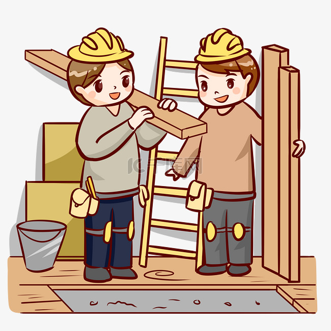 卡通装修工人安装地板人物