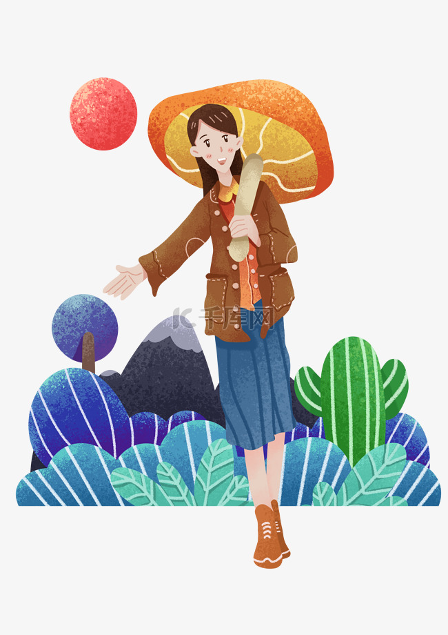 春游打着蘑菇伞女孩