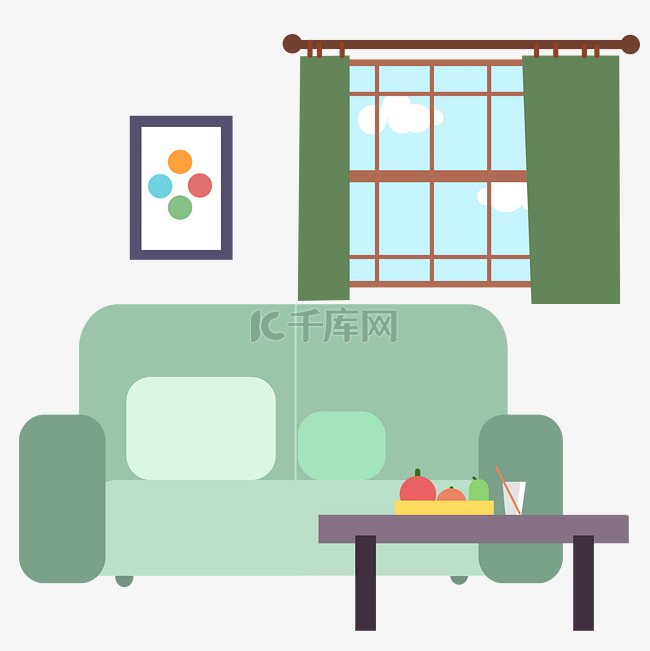 绿色客厅沙发茶几窗户家具组合