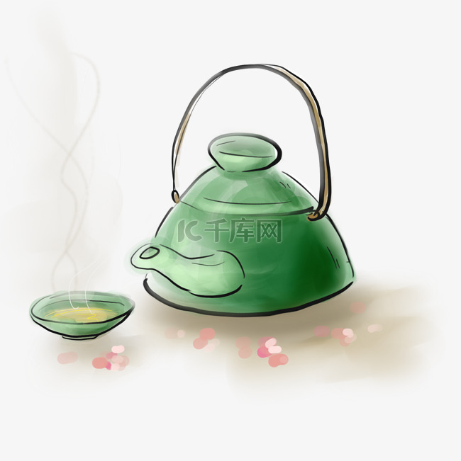 中国风花瓣和绿色茶壶