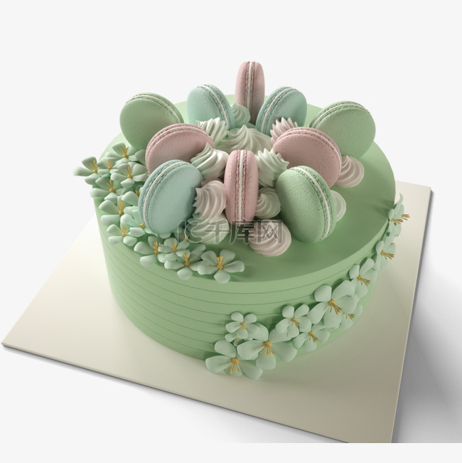 绿色花朵生日蛋糕3d元素