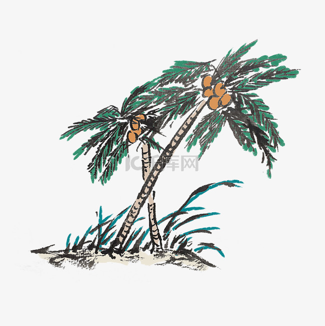 椰子树水墨手绘插画