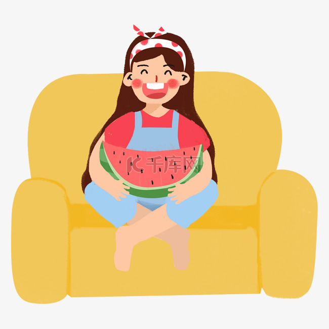 夏季坐在沙发上吃西瓜的女孩