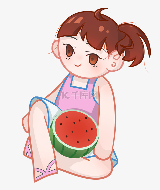 夏天夏季吃西瓜小女孩