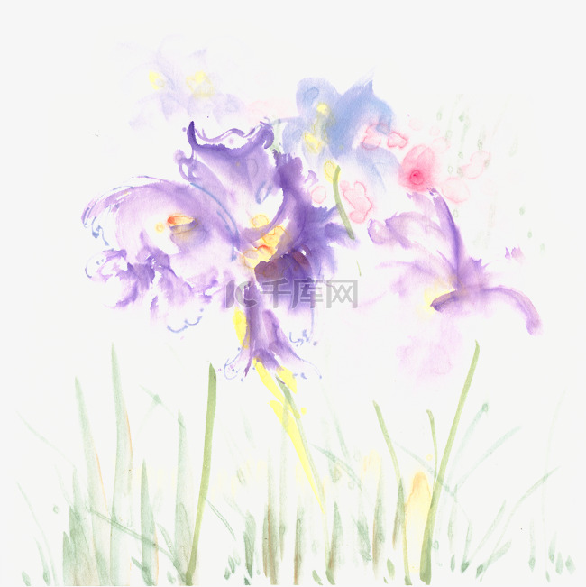 紫色花卉水墨画PNG免抠素材