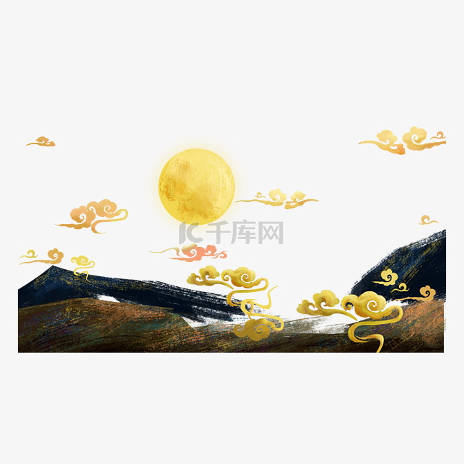 中国风神话中秋圆月月亮祥云山丘