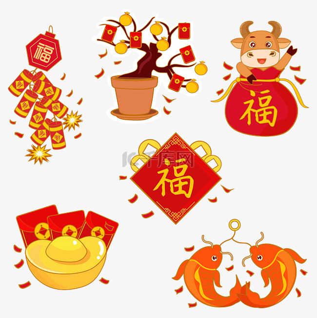 春节新年喜庆贴纸矢量图金牛送福