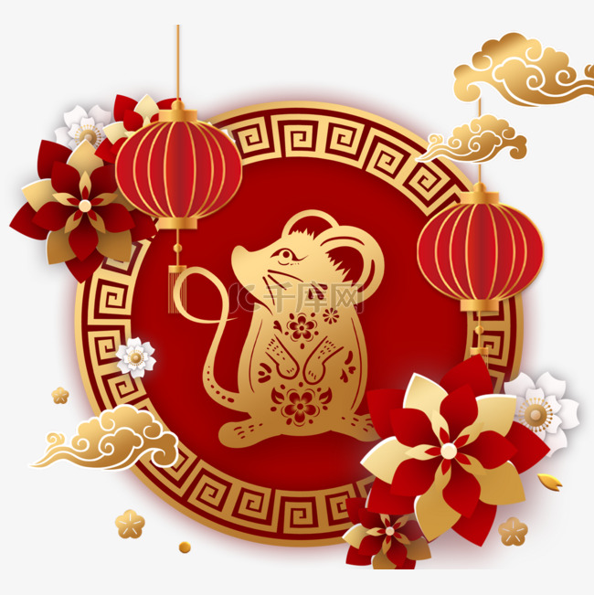 中国新年红金质感的老鼠新年快乐