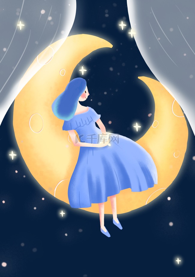 夜晚月亮上的星空女孩