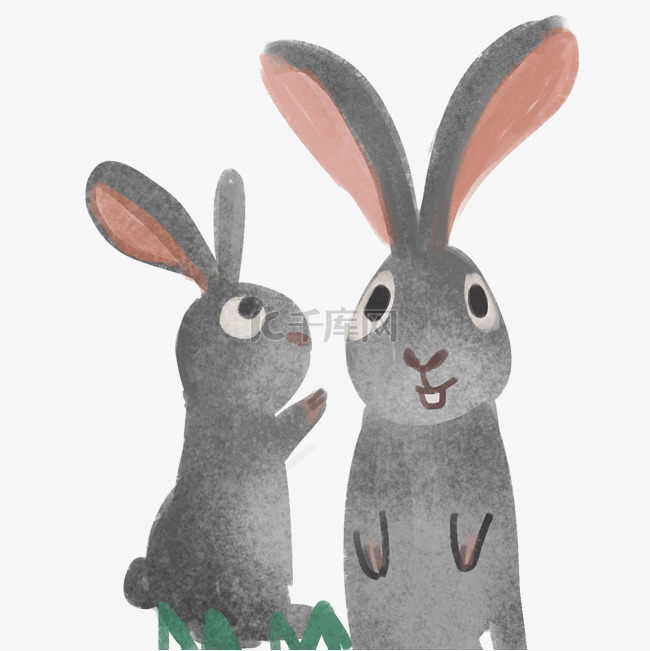 手绘两只可爱的小灰兔免抠图