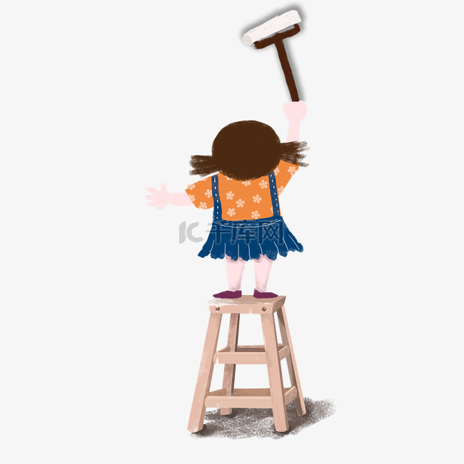 卡通女孩站在椅子上刷墙免抠图