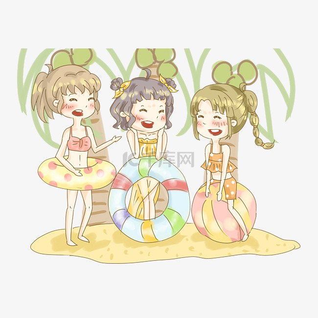 夏日海滩女孩度假游玩插画PNG