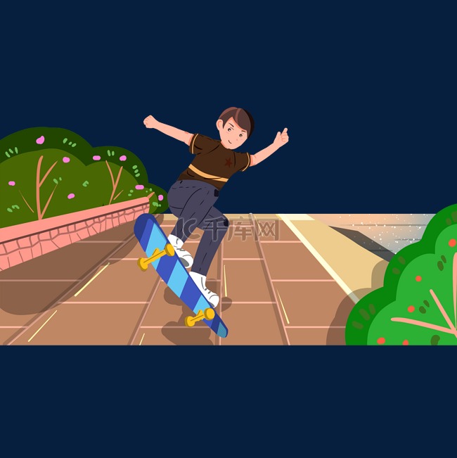 男孩在红砖路上滑滑板