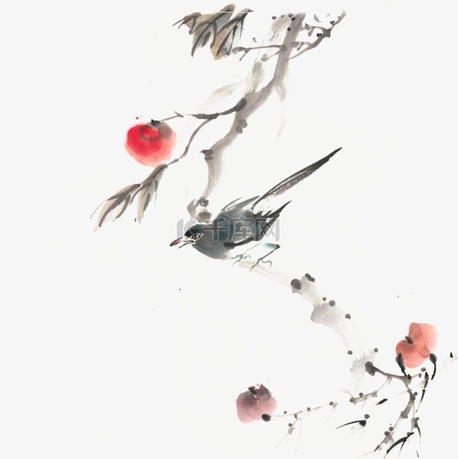 柿子与小鸟水墨画PNG免抠素材图片免费下载_高清装饰图案psd_千库