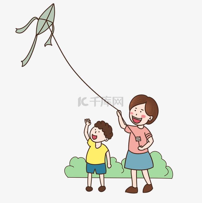 儿童节家人陪孩子放风筝手绘