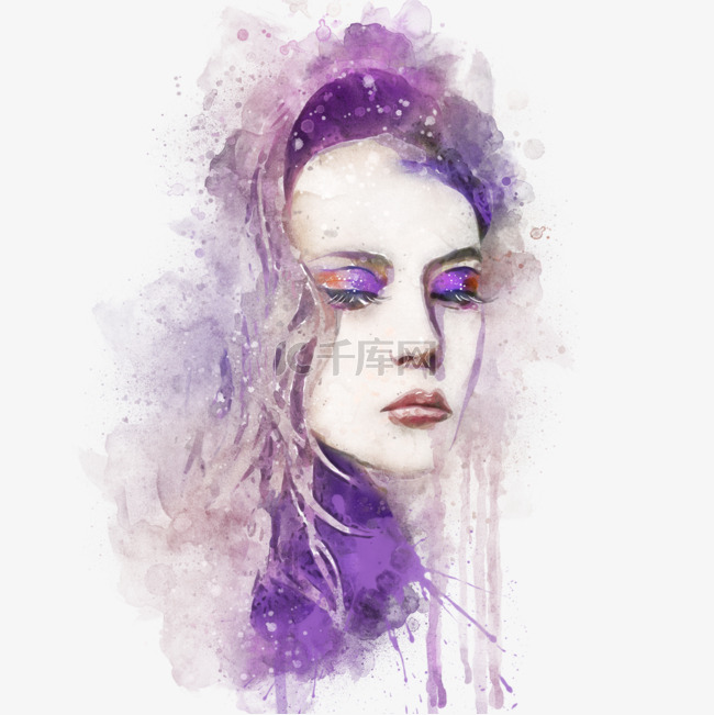 紫色流动水彩女人肖像喷溅插画手