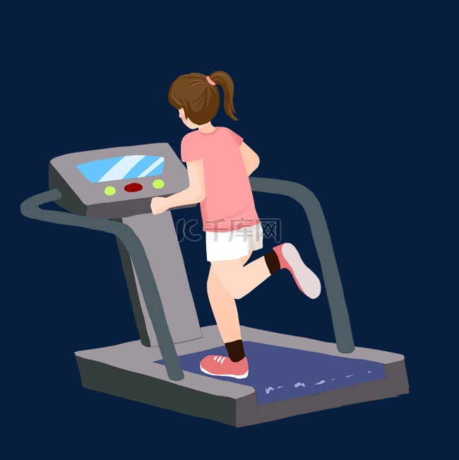 马尾少女健身室跑步机减肥插画