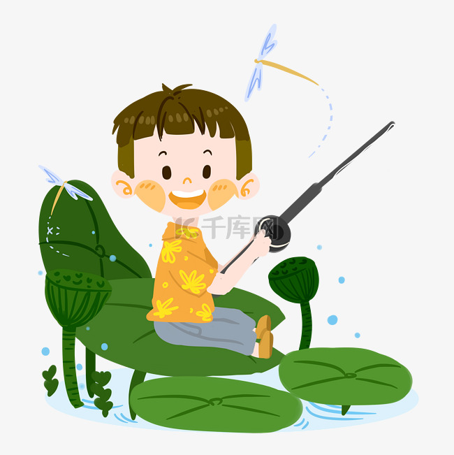 初夏卡通男孩在荷塘钓鱼PNG素材
